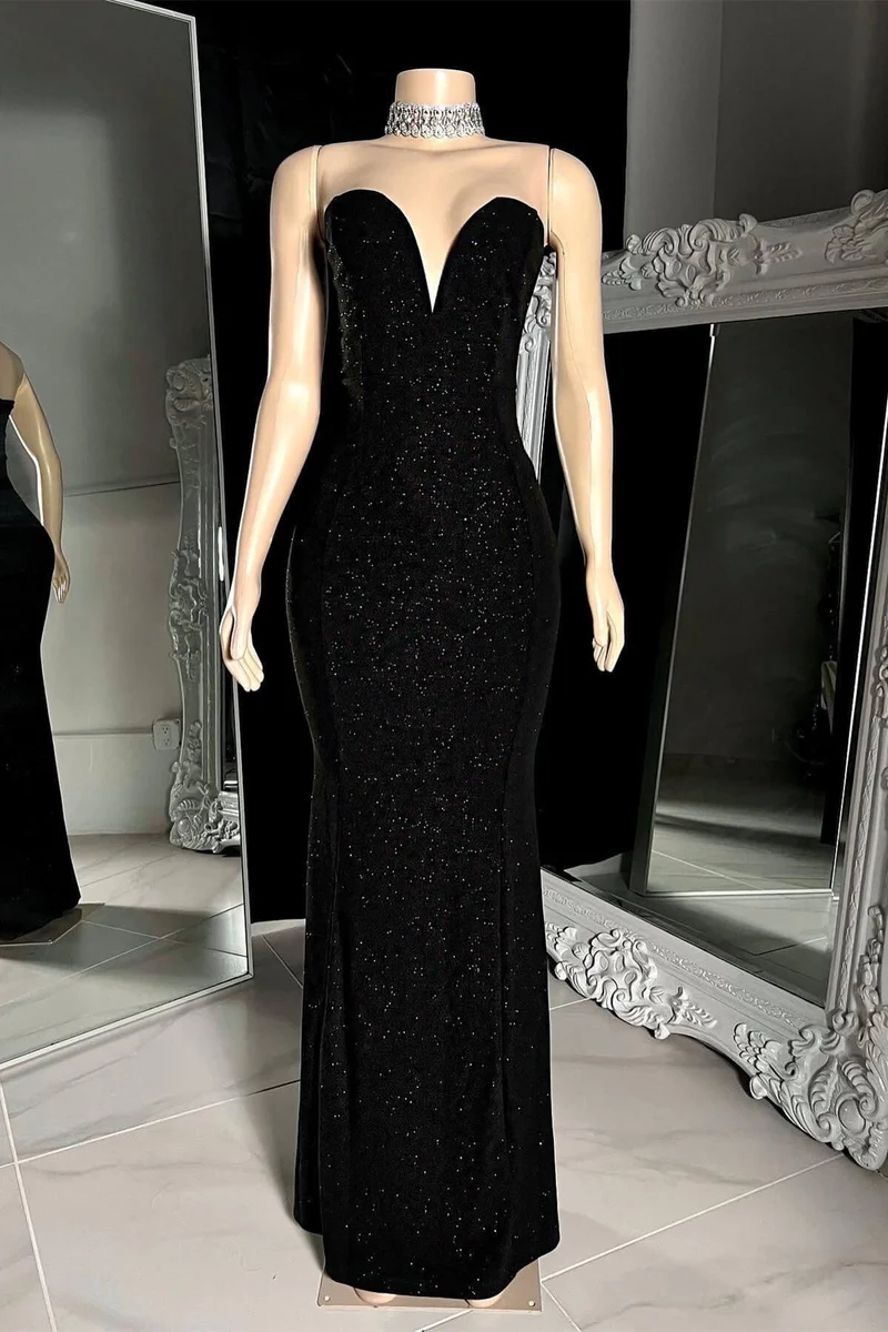 Robe de bal sirène noire élégante sans manches, col en V, avec des paillettes éblouissantes