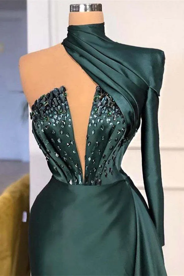 Robe de bal élégante à paillettes vert foncé, asymétrique, avec une fente unique dans le dos