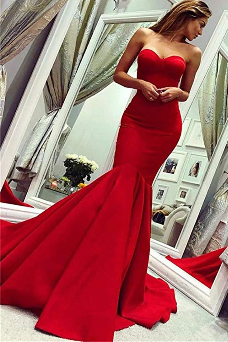 Superbe robe de soirée longue sirène rouge à décolleté en cœur pour des occasions élégantes