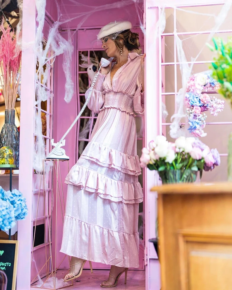 Robe midi en mousseline de soie rose