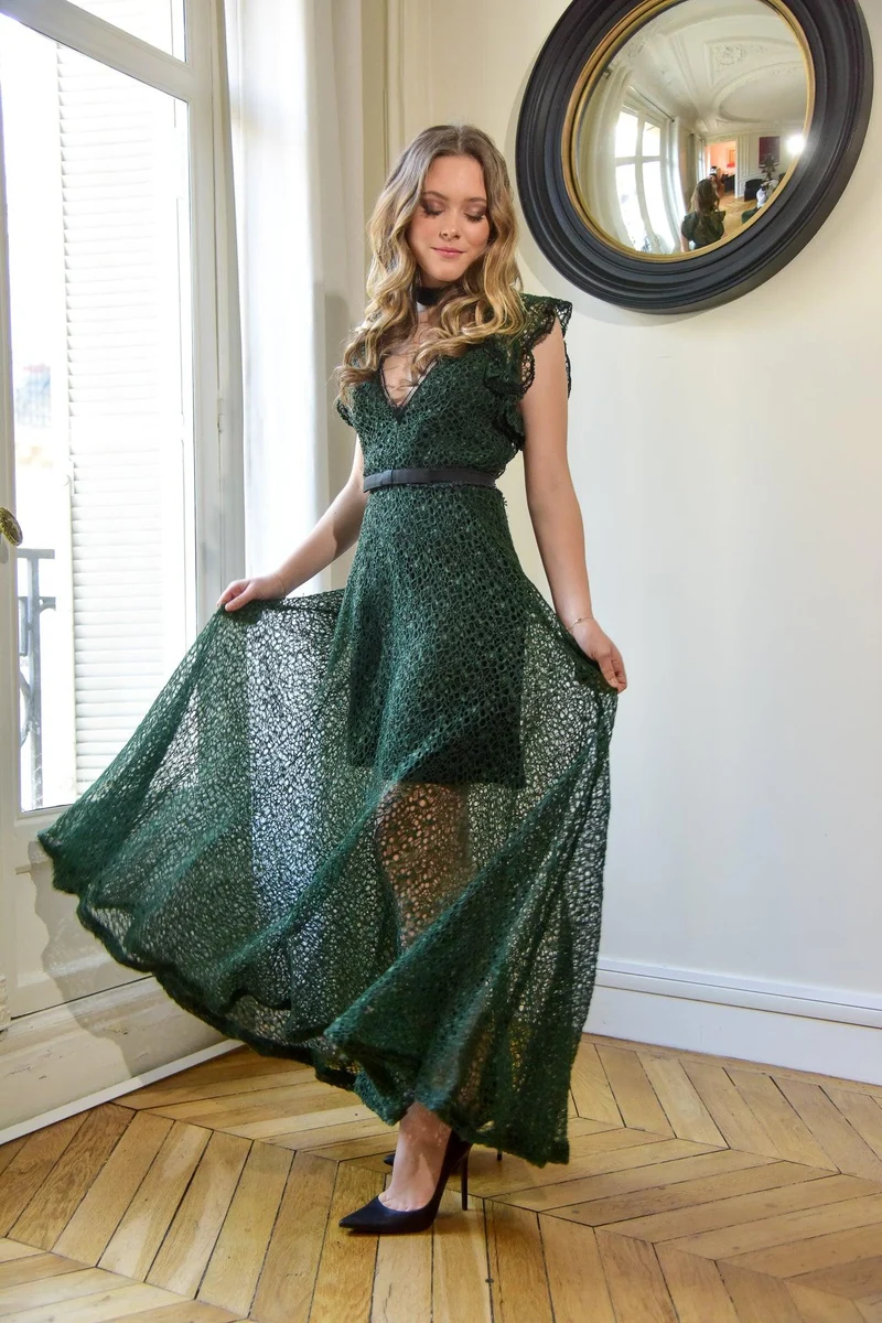 Robe longue en dentelle verte