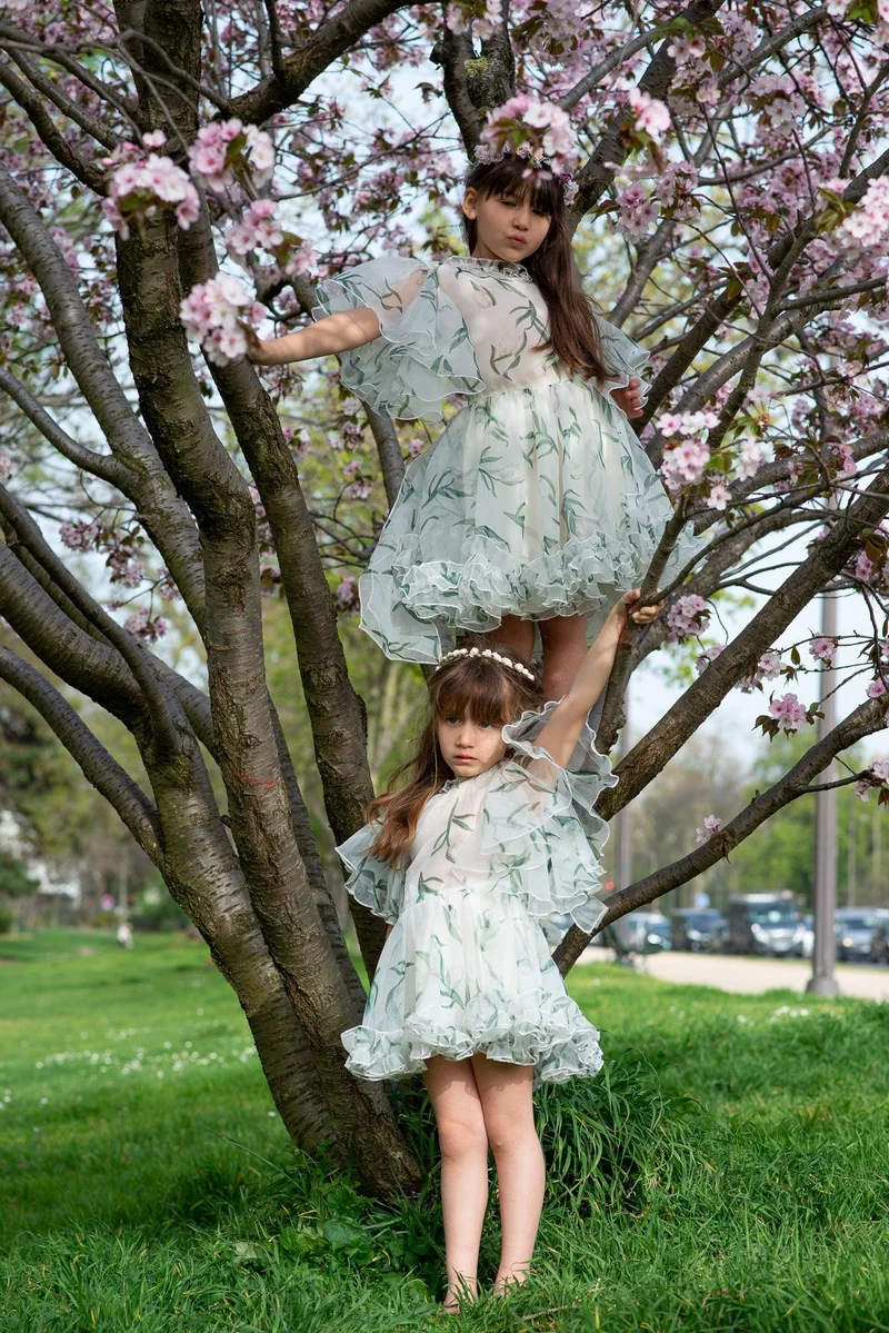 Robe mousseline de soie imprimé fleurs vertes - Modèle petite fille