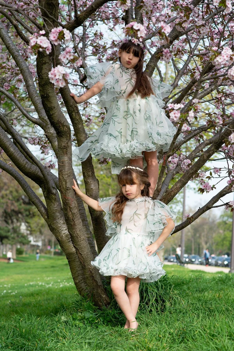 Robe mousseline de soie imprimé fleurs vertes - Modèle petite fille