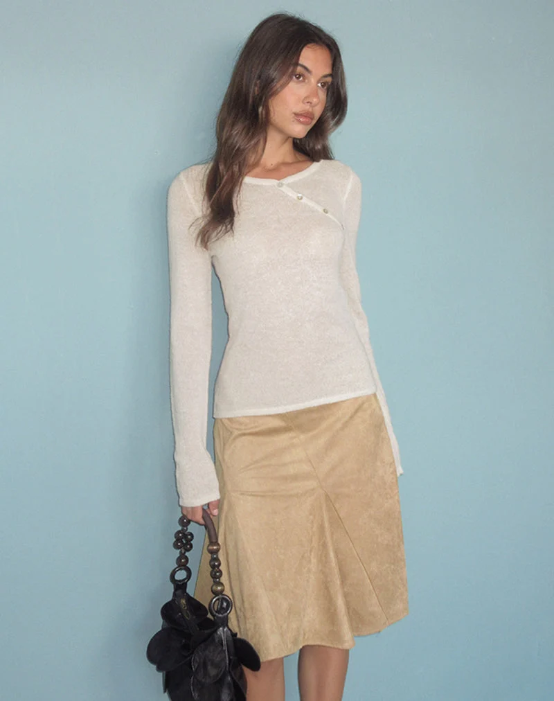 Jupe mi-longue Abila en simili-daim couleur beige clair