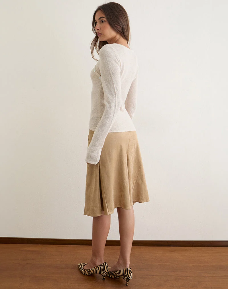 Jupe mi-longue Abila en simili-daim couleur beige clair