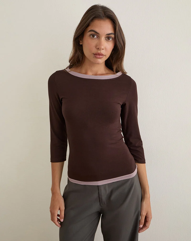 Haut Yones en chocolat noir avec une bordure gris lavande