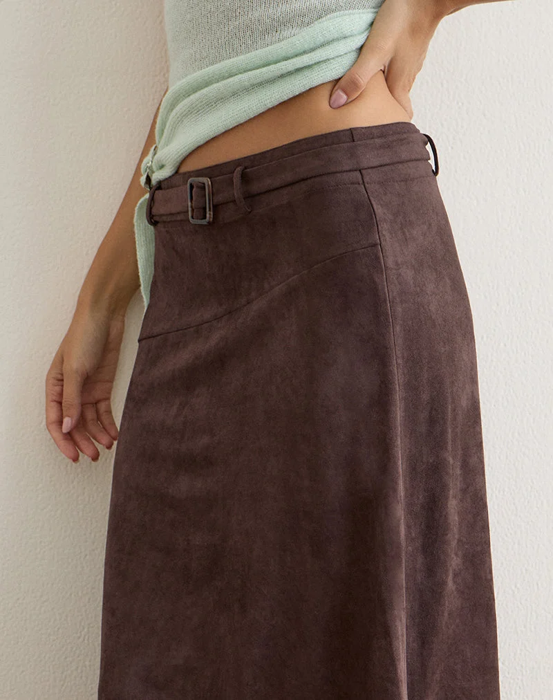 Jupe midi Suzu en simili-daim marron foncé