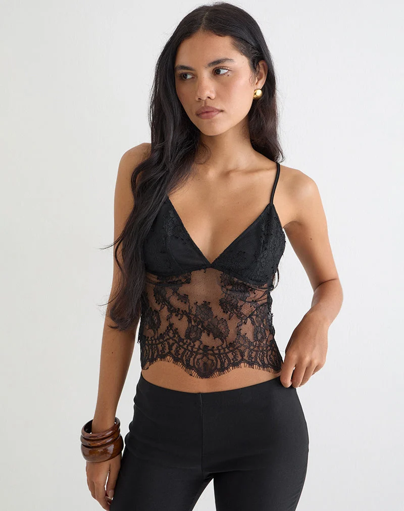Top cami plongeant Kaika en dentelle Eyelash Black