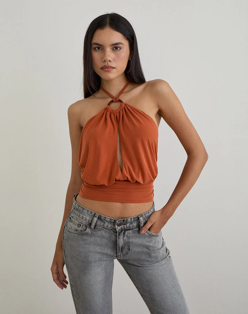 Karise Plunge Top in Cupro Burnt Orange