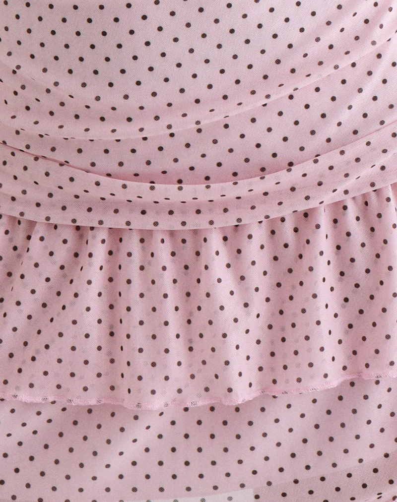 Mowgli Cap Sleeve Mini Dress in Baby Pink with Micro Polka Black (Mini robe à manches courtes Mowgli en rose bébé avec micro-polka)