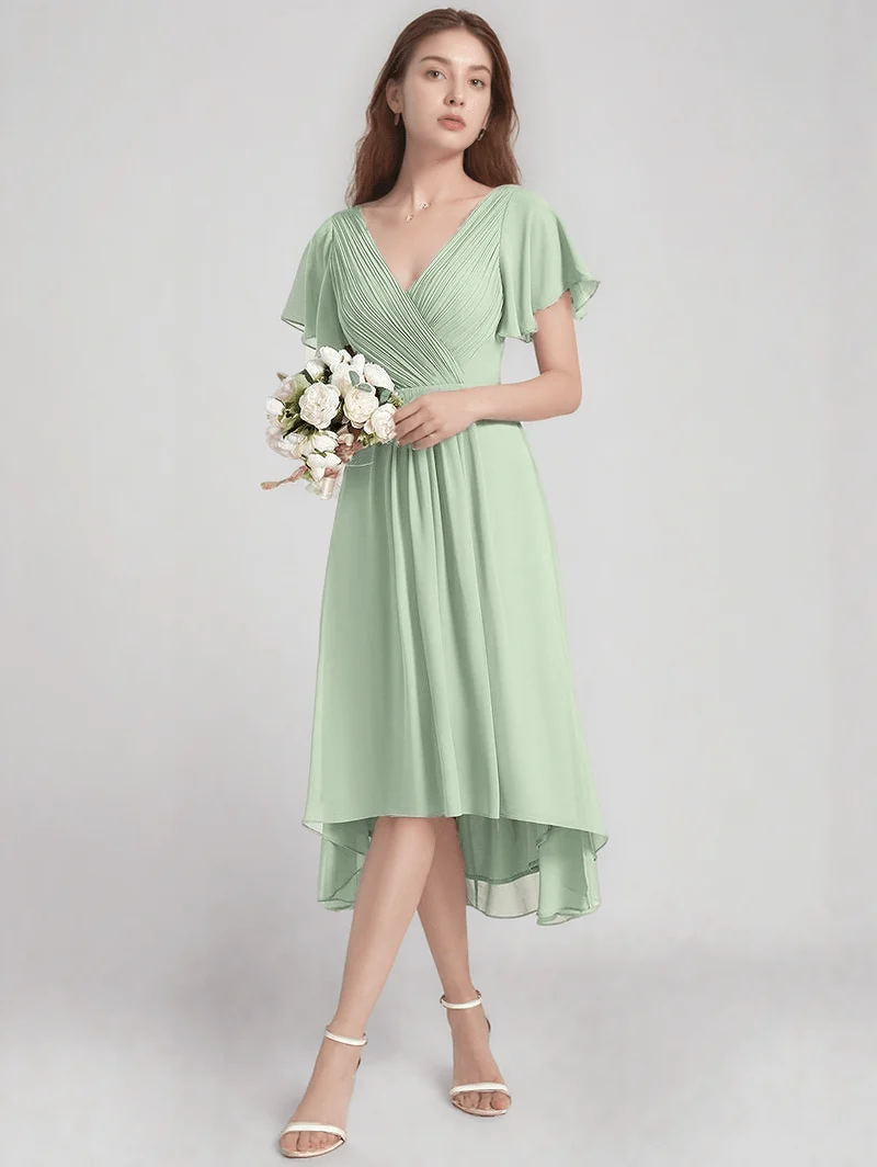 Robe invitée au mariage vert sauge asymétrique