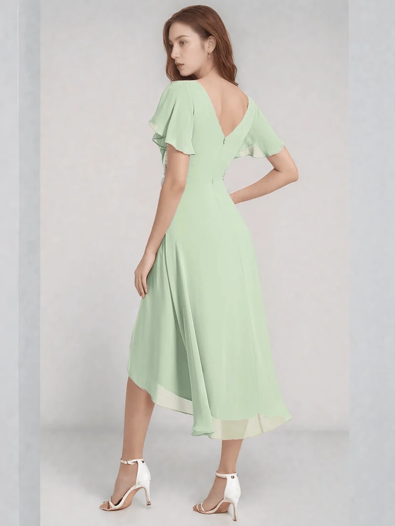 Robe invitée au mariage vert sauge asymétrique