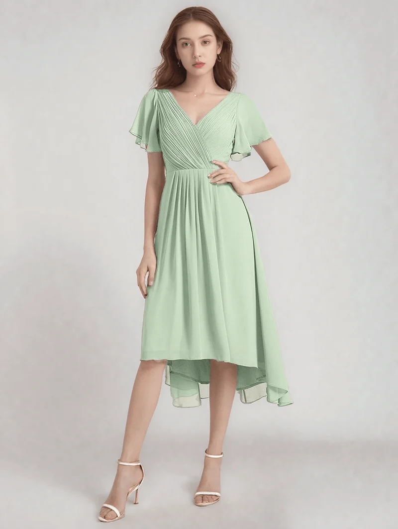 Robe invitée au mariage vert sauge asymétrique