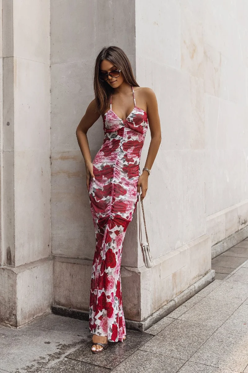 Robe de soirée fleurie fendue sexy