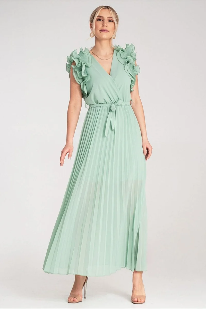 Robe longue plissée verte pour invitée au mariage