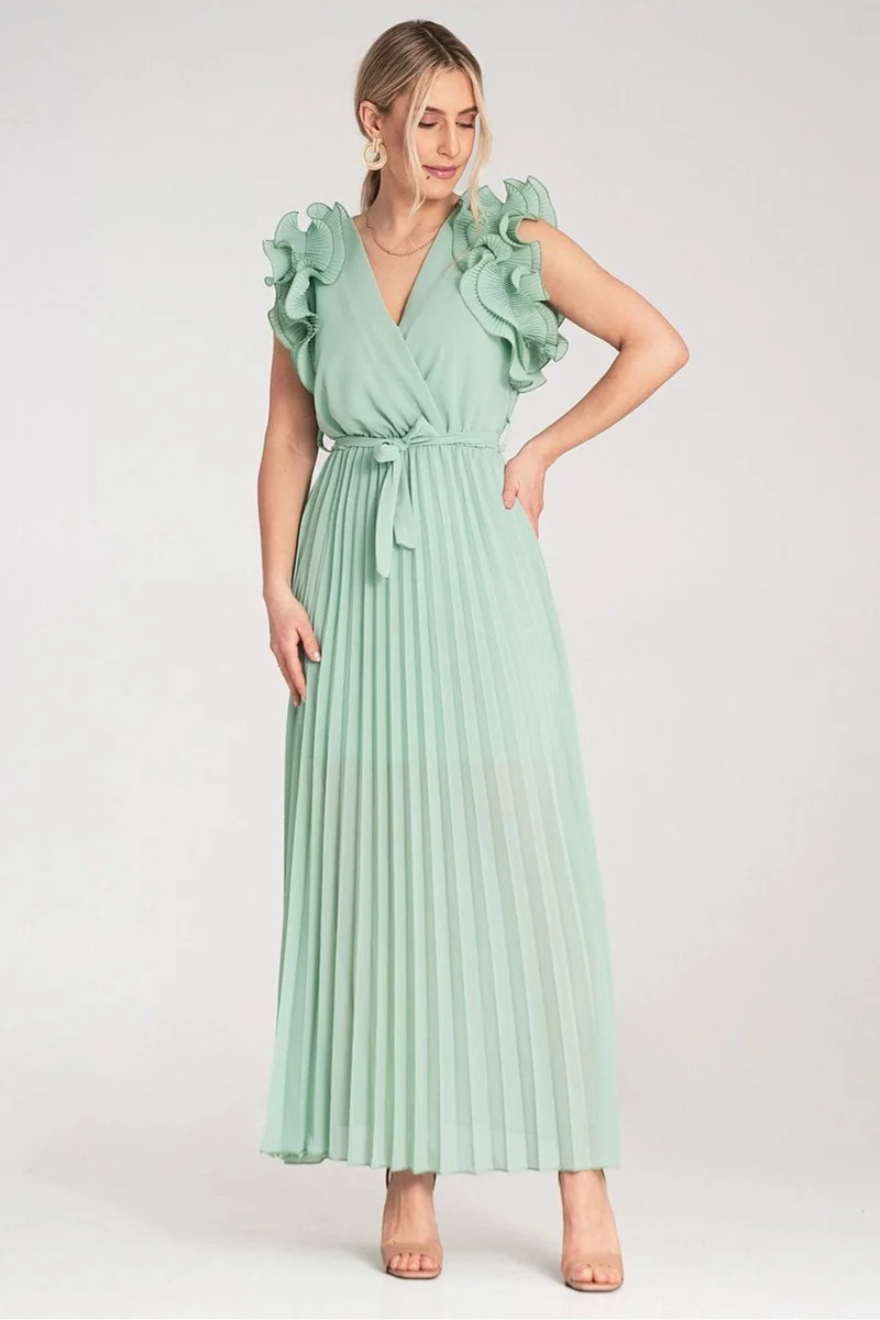 Robe longue plissée verte pour invitée au mariage