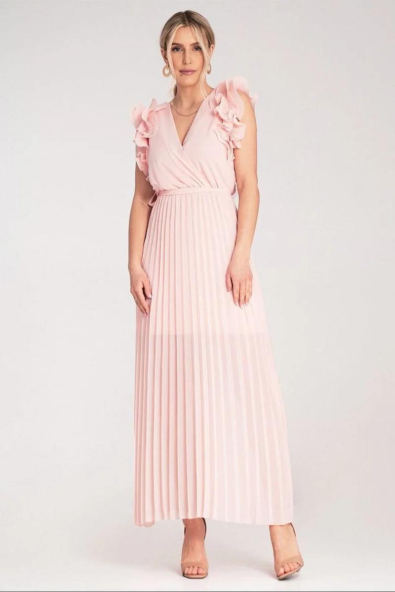 Robe longue plissée rose pour invitée au mariage