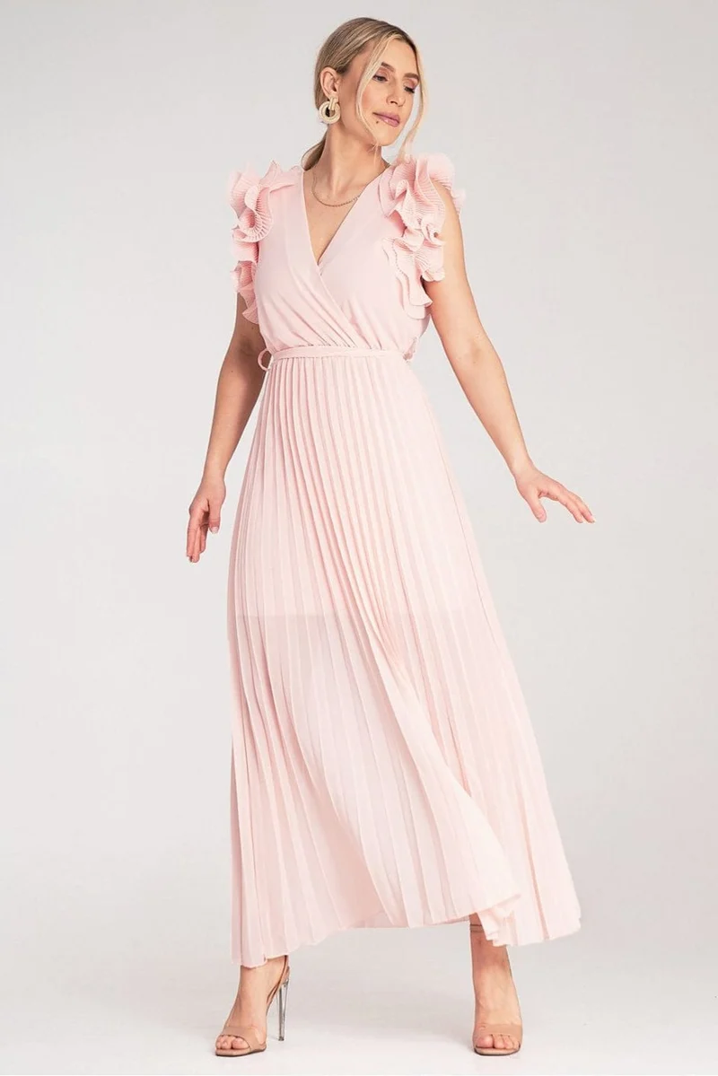 Robe longue plissée rose pour invitée au mariage