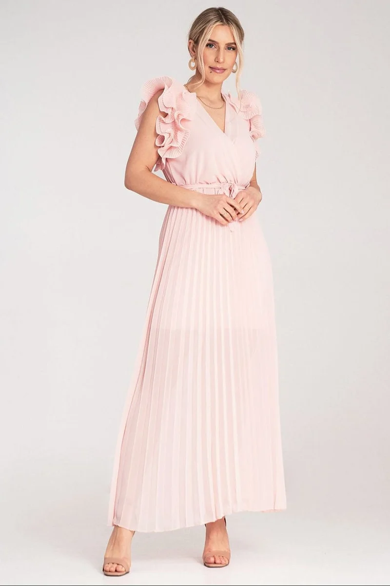 Robe longue plissée rose pour invitée au mariage