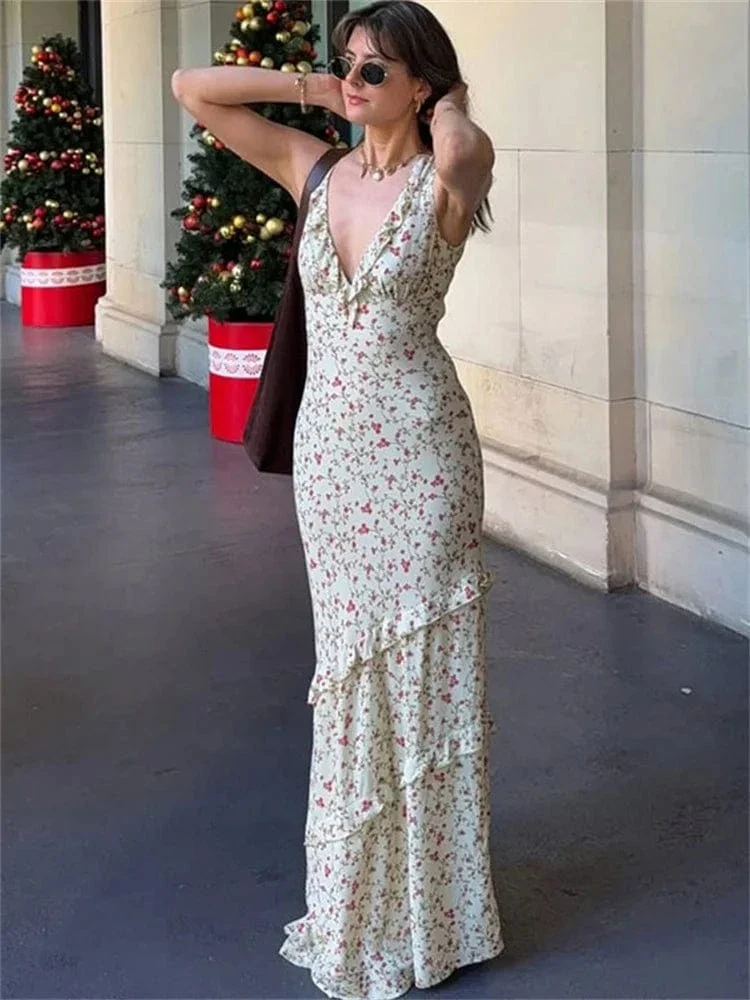 Robe fleurie longue fendue sans manches