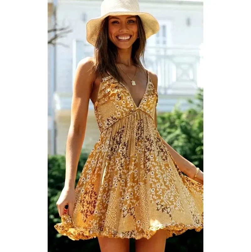 Robe été jaune courte dos nu