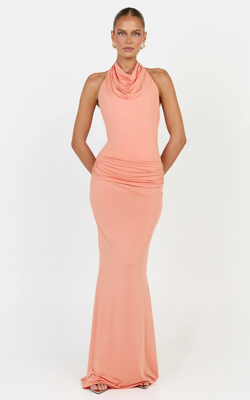 Lizzy Maxi Dress - Backless Ruched Bodycon Dress in Coral