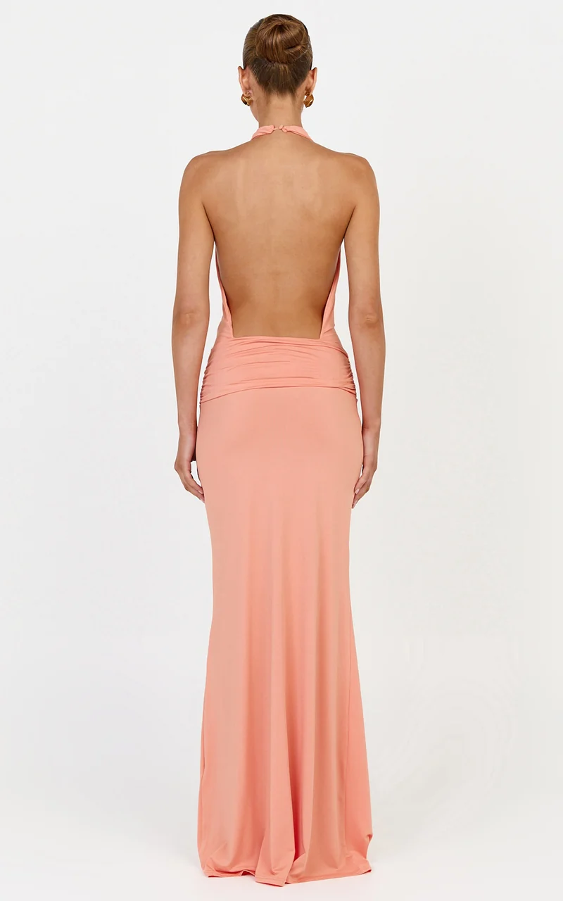 Lizzy Maxi Dress - Backless Ruched Bodycon Dress in Coral