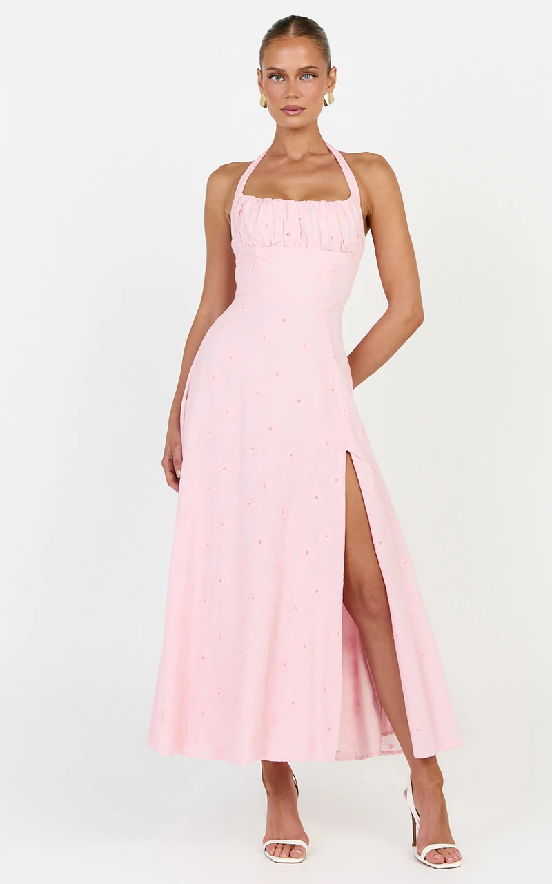 Lyra Midi Dress - Broderie Ruched Bust Halter Neck Dress in Pink