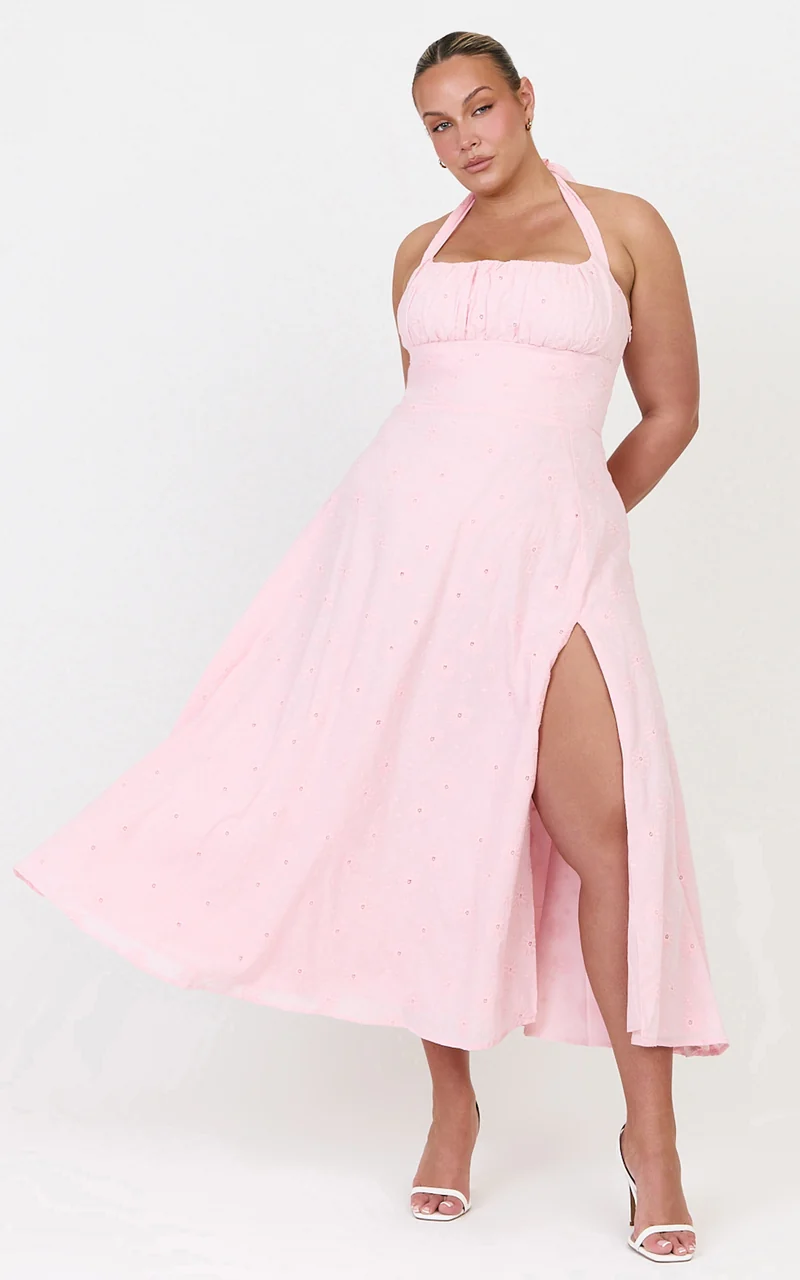 Lyra Midi Dress - Broderie Ruched Bust Halter Neck Dress in Pink