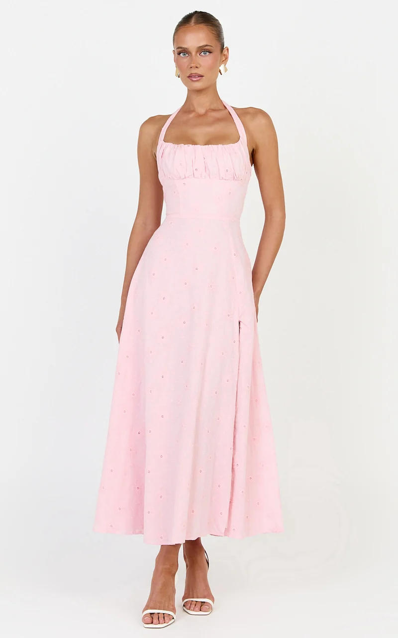 Lyra Midi Dress - Broderie Ruched Bust Halter Neck Dress in Pink