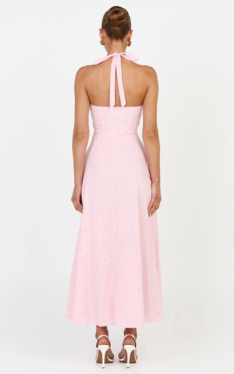 Lyra Midi Dress - Broderie Ruched Bust Halter Neck Dress in Pink