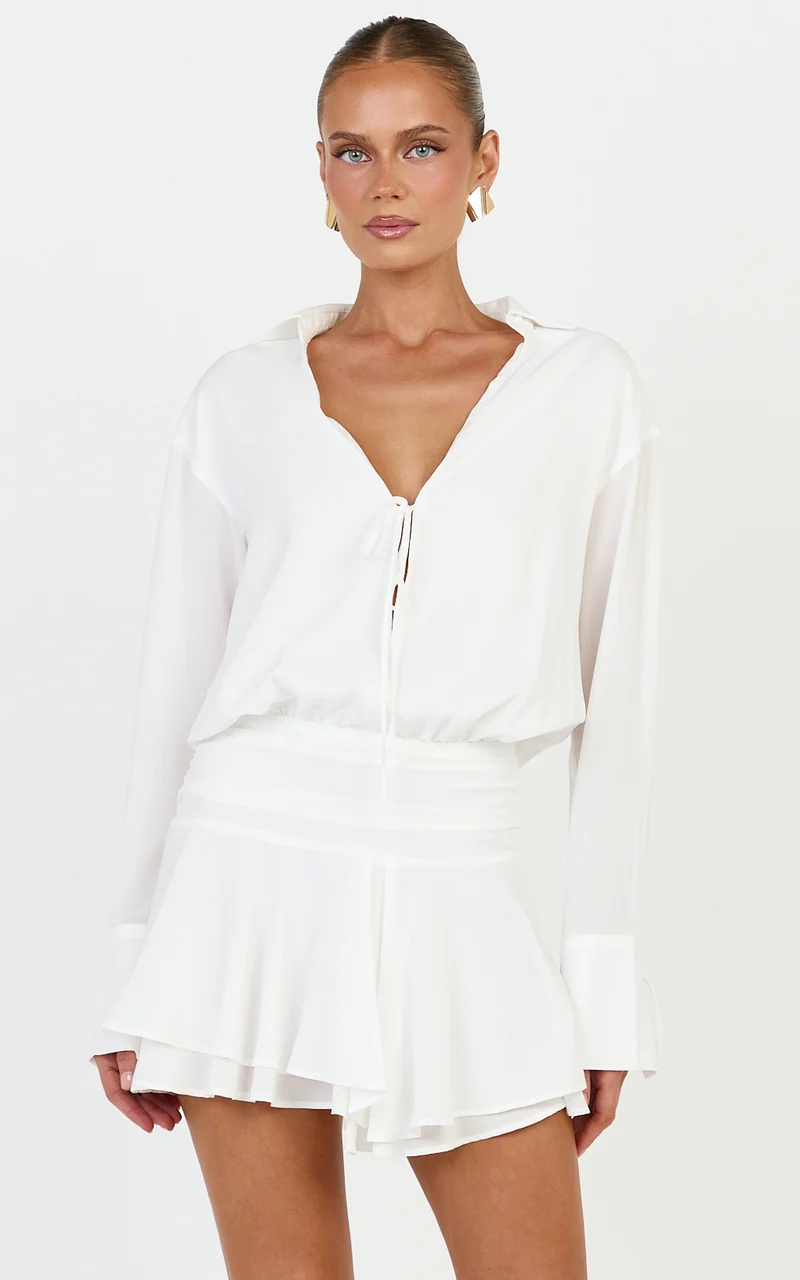 Melanie Mini Dress - Tie Front Long Sleeve Shirt Dress in White