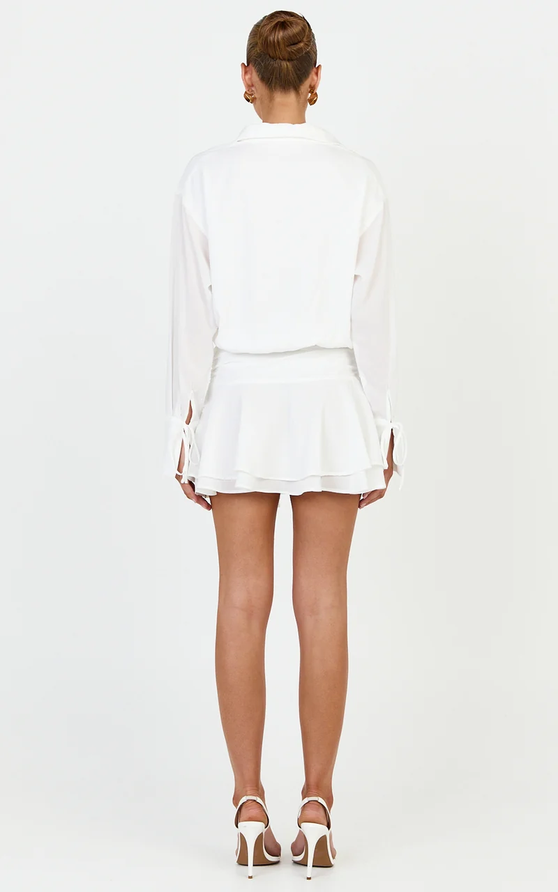 Melanie Mini Dress - Tie Front Long Sleeve Shirt Dress in White