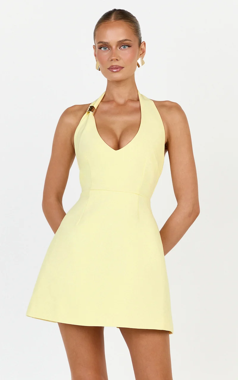 Leilani Mini Dress - Plunge Gold Hardware Fit and Flare Dress in Lemon