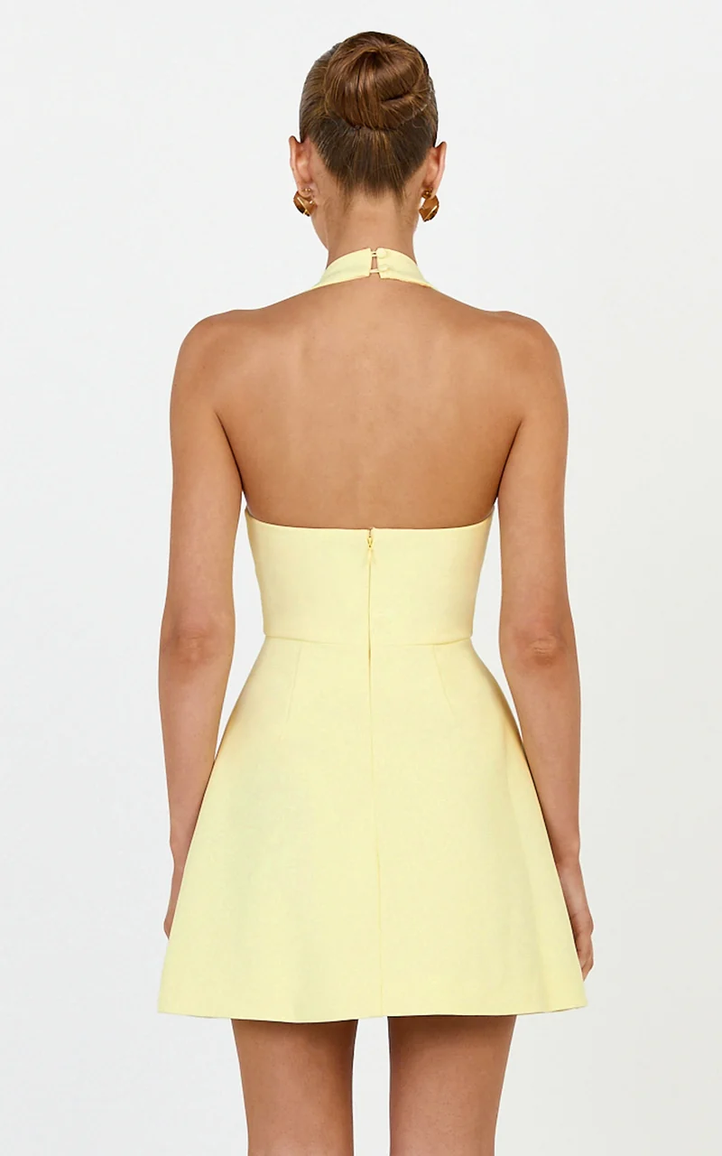 Leilani Mini Dress - Plunge Gold Hardware Fit and Flare Dress in Lemon
