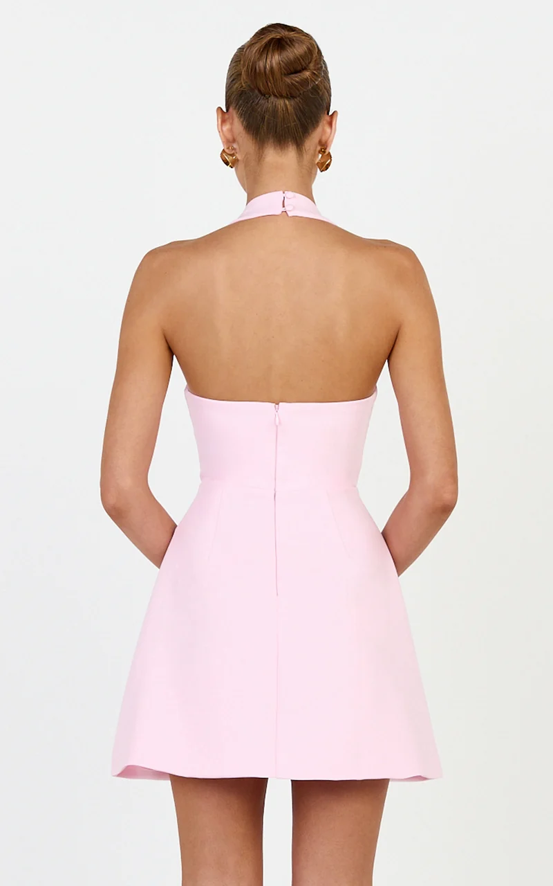 Leilani Mini Dress - Plunge Gold Hardware Fit and Flare Dress in Pink