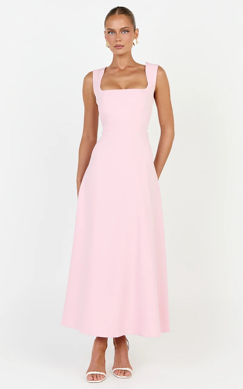 Zinnia Midi Dress - Square Neck A Line Dress in Pink