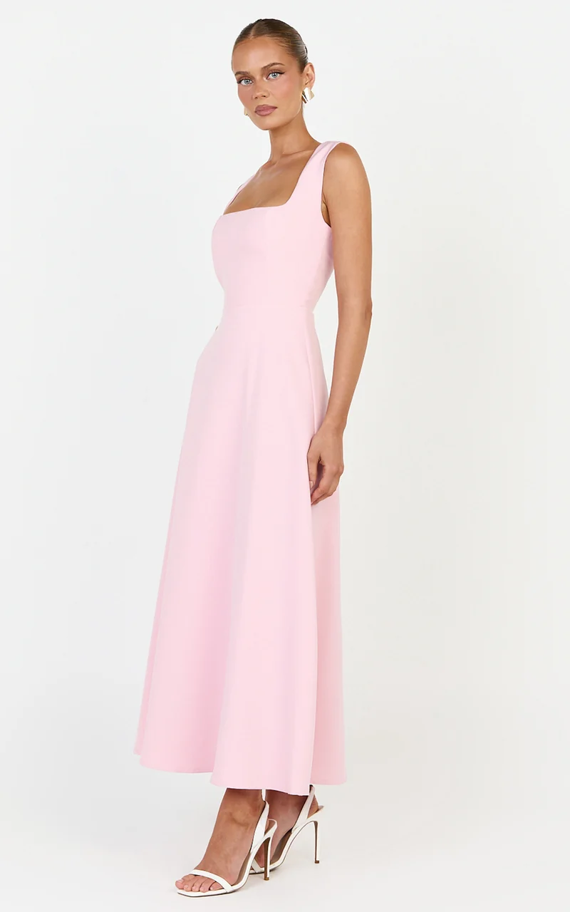Zinnia Midi Dress - Square Neck A Line Dress in Pink