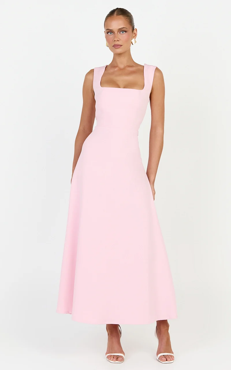Zinnia Midi Dress - Square Neck A Line Dress in Pink
