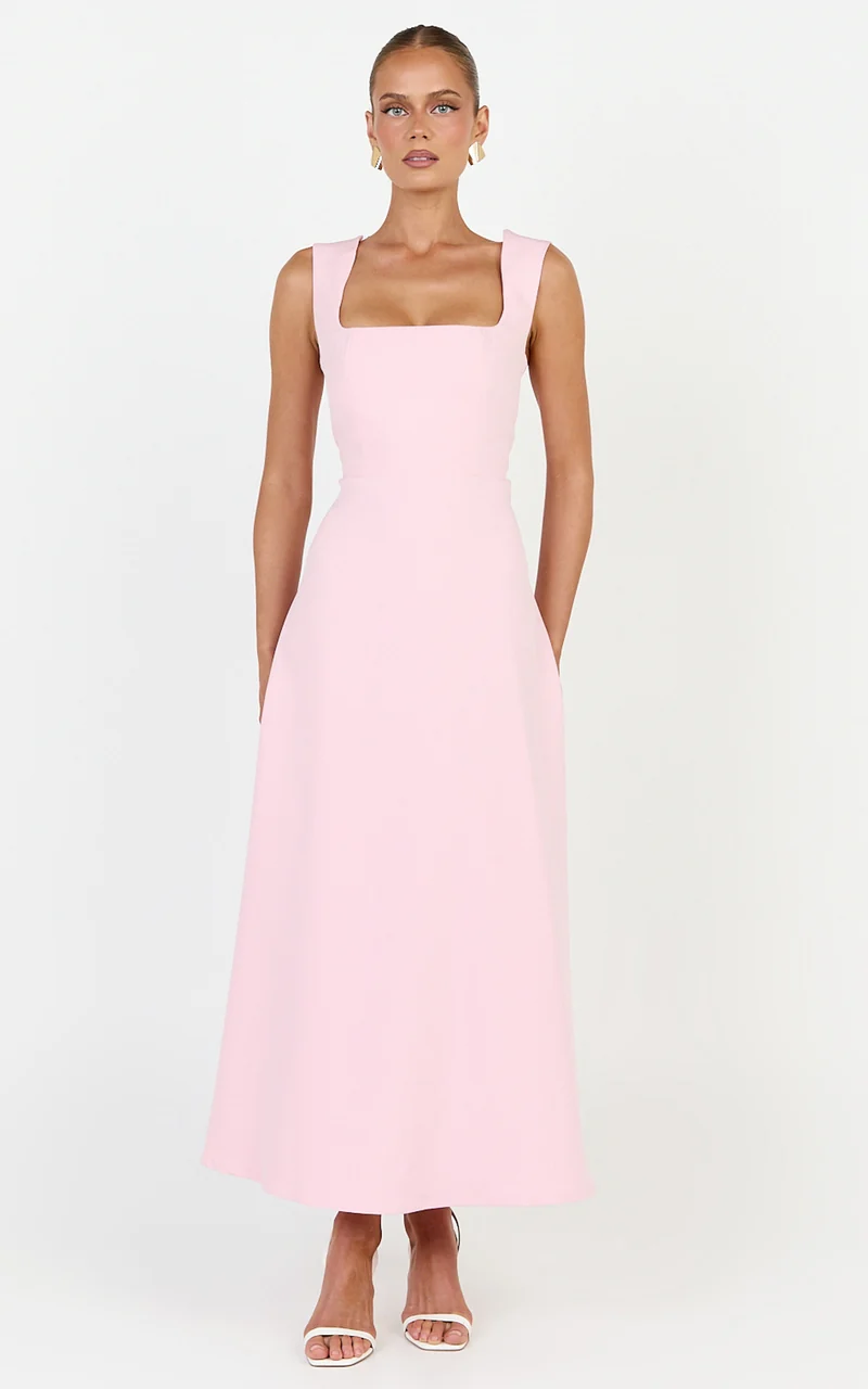 Zinnia Midi Dress - Square Neck A Line Dress in Pink