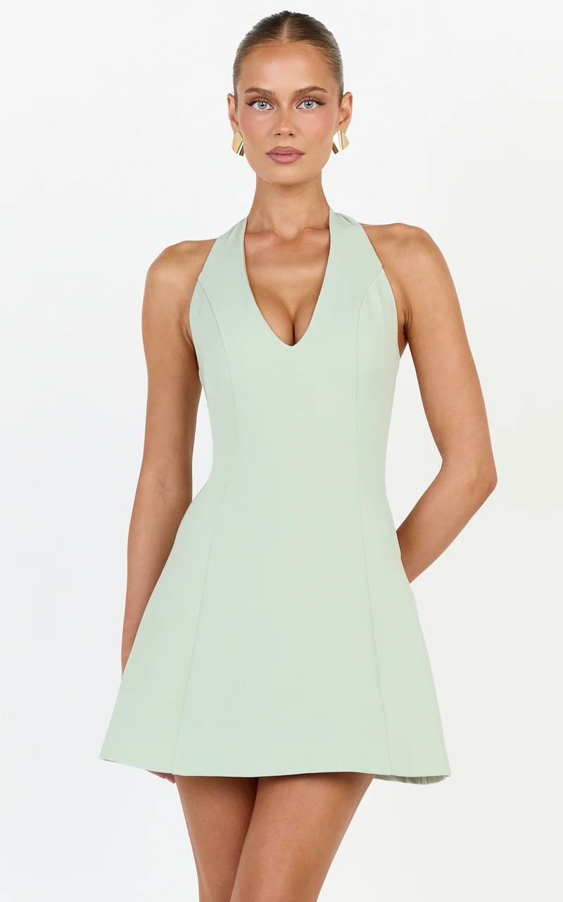 Saphine Mini Dress - Deep V Halter Neck A Line Mini Dress in Pistachio