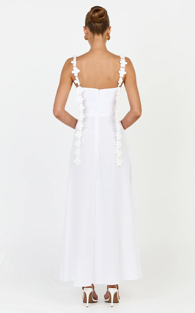 Clementine Midi Dress - 3D Floral Strap Dress in White