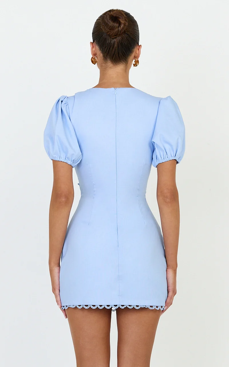 Carolyn Mini Dress - V Neck Puff Sleeve Dress in Light Blue