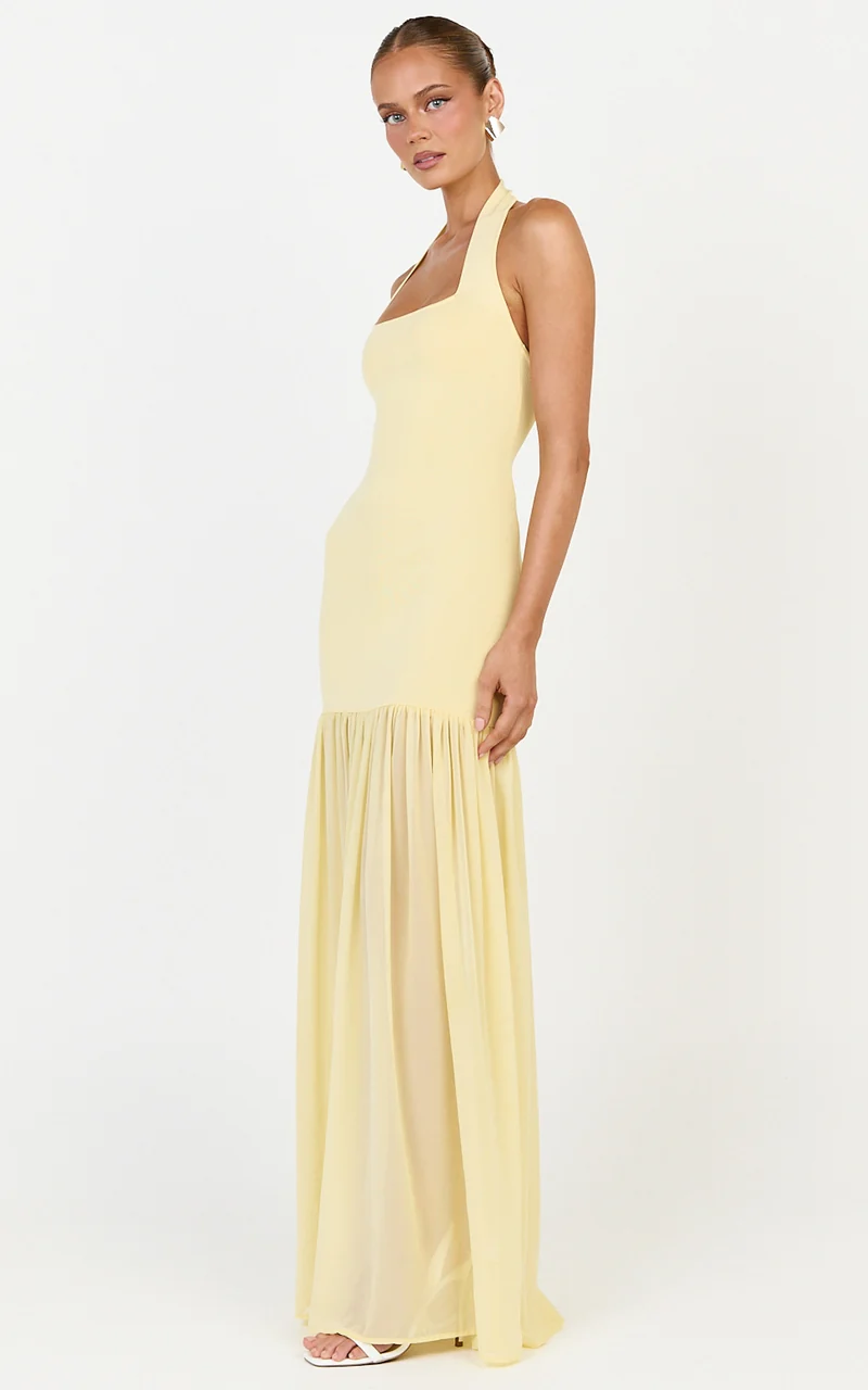 Barbara Maxi Dress - Halter Scoop Neck Contrast Georgette Dress in Lemon