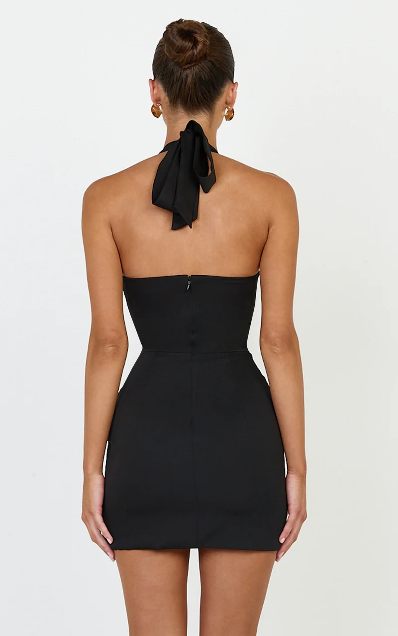 Karina Mini Dress - Halter Neck Princess Panel Tucked Waist Dress in Black