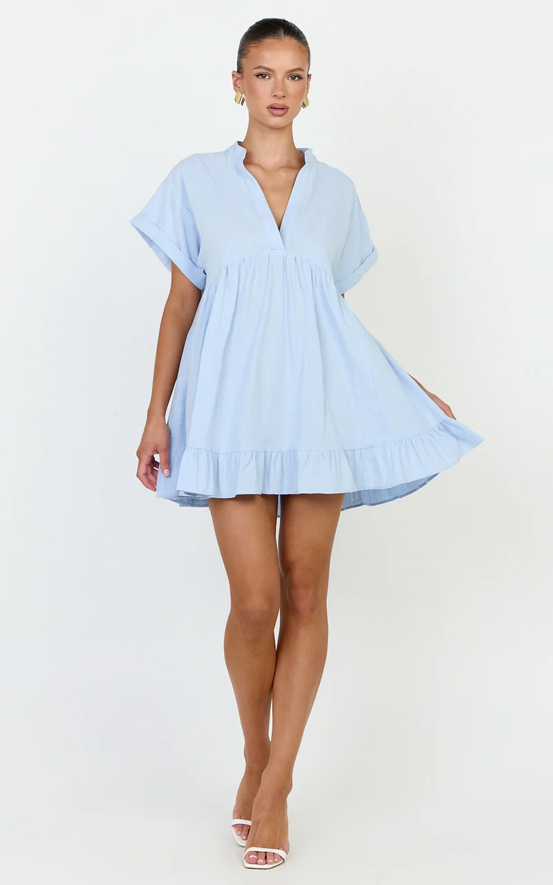 Calissa Mini Dress - Frill Hem Smock Dress in Light Blue