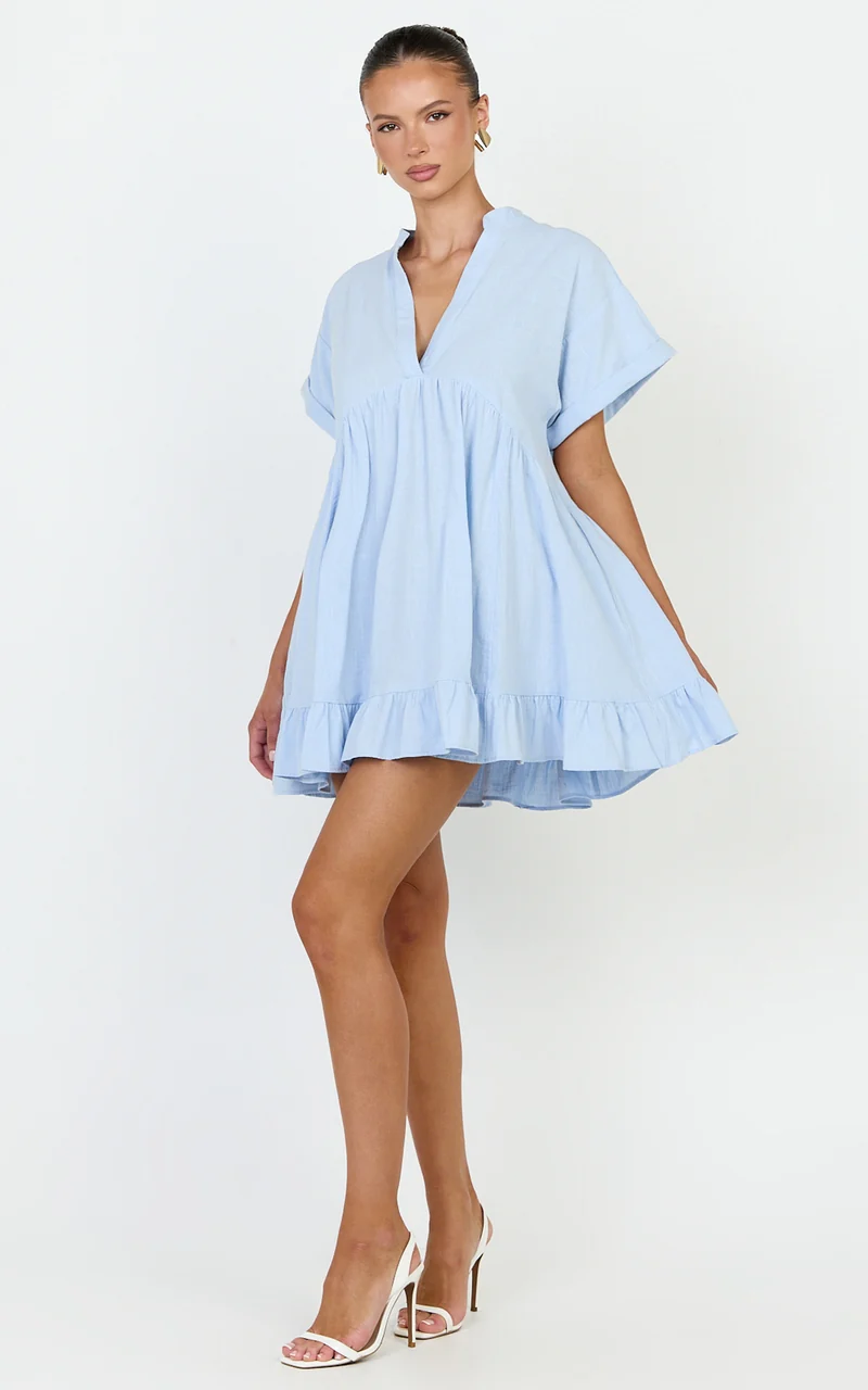 Calissa Mini Dress - Frill Hem Smock Dress in Light Blue