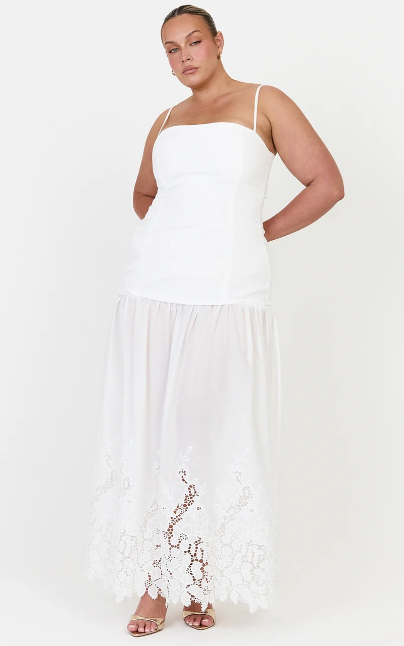 Everly Maxi Dress - Straight Neck Broderie Cut Out Hem Dress in White