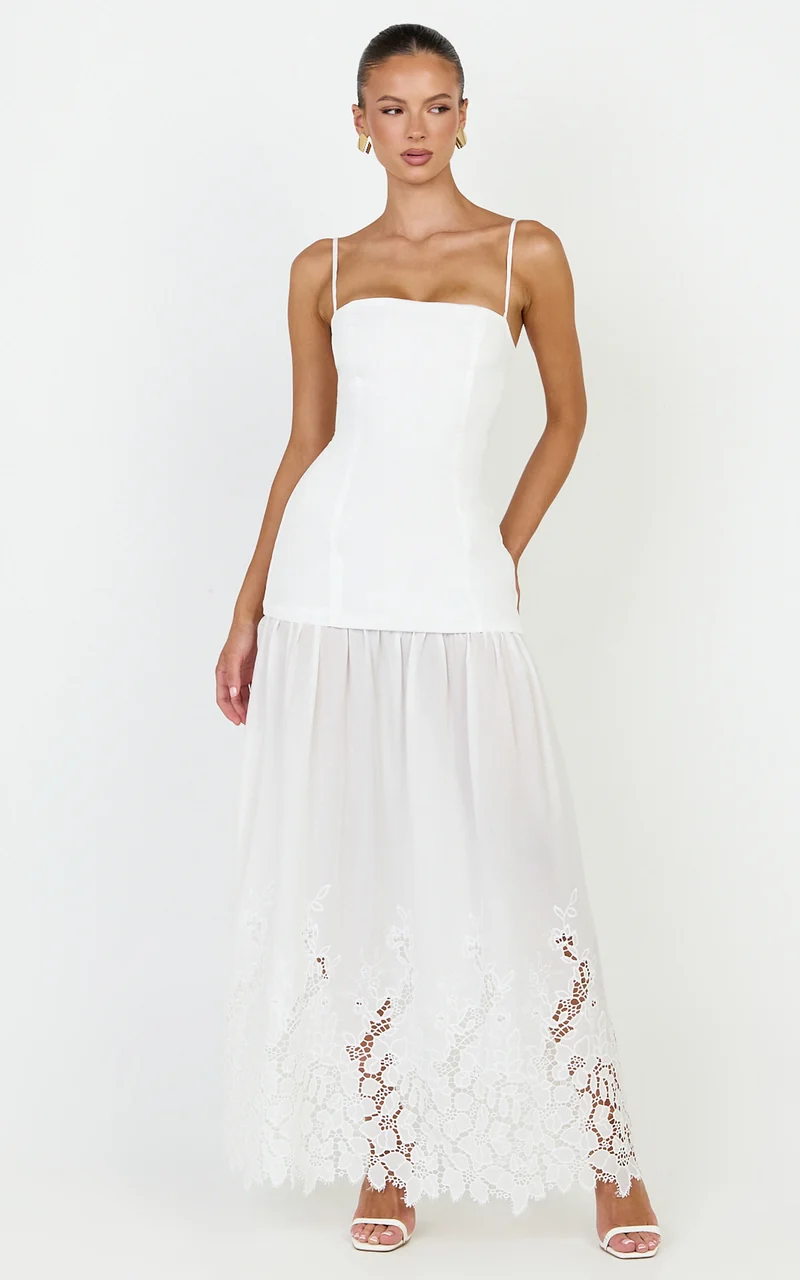 Everly Maxi Dress - Straight Neck Broderie Cut Out Hem Dress in White