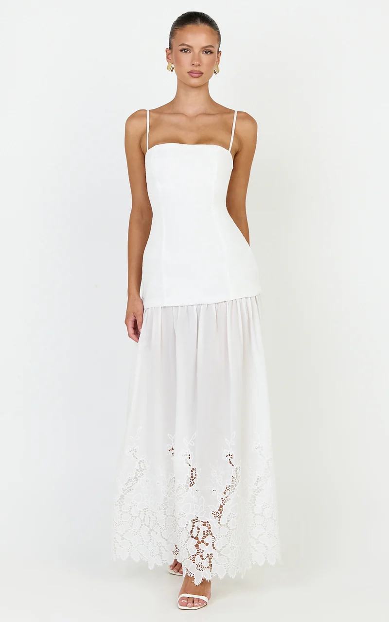 Everly Maxi Dress - Straight Neck Broderie Cut Out Hem Dress in White